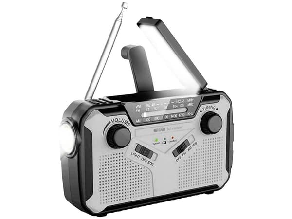 Outdoorradio Silva Schneider SOS 112 FM, AM (1018) Batteriopladningsfunktion, Håndsving, Solcellepanel, Lommelygte, genopladelig Sort/sølv