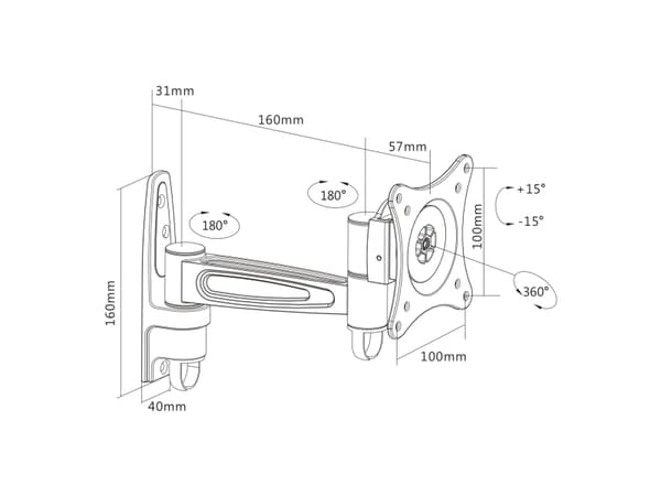 InLine 23106D, 75 x 75 mm, 100 x 100 mm, -15 - 15°, -90 - 90°, Aluminium, Sort