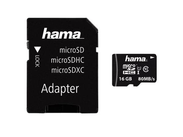 Hama microSDHC 16GB, 16 GB, MicroSDHC, Luokka 10, UHS-I, 80 MB/s, Musta
