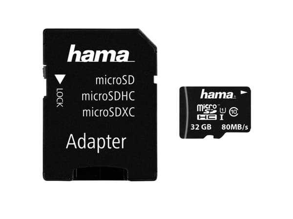 Hama microSDHC 32GB, 32 GB, MicroSDHC, Luokka 10, UHS-I, 80 MB/s, Musta