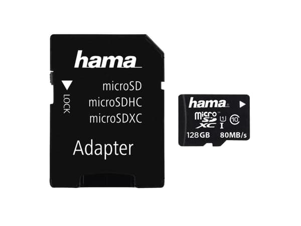 Hama 128GB microSDXC, 128 GB, MicroSDXC, Klass 10, UHS-I, 80 MB/s, Svart