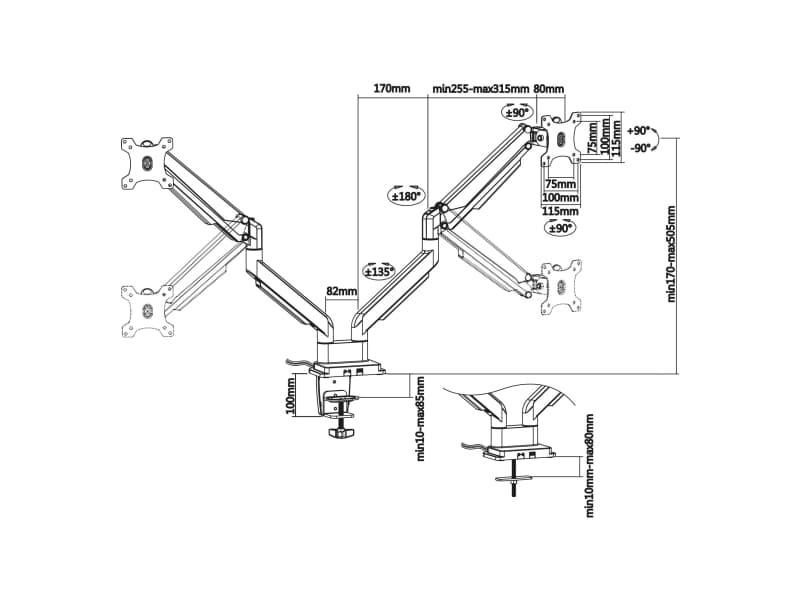 InLine 23171S, Klämma/Genomgående skruv, 18 kg, 43,2 cm (17"), 81,3 cm (32"), 100 x 100 mm, Silver, Grå