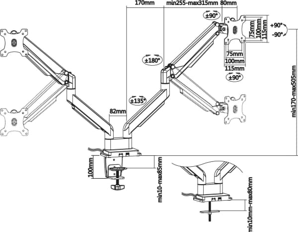 InLine 23171B, Klemmer, 18 kg, 43,2 cm (17"), 100 x 100 mm, Høydejustering, Sort