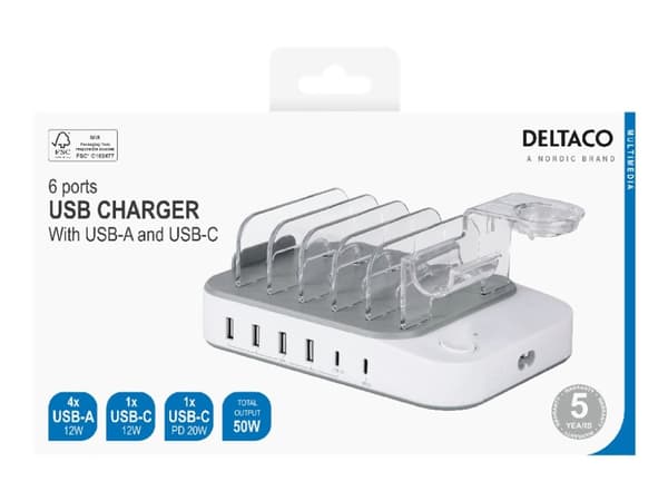 DELTACO DPS-0203 - Ladestasjon - 50 watt - PD - 6 utgangskontakter (4 x USB, 2 x USB-C) - hvit