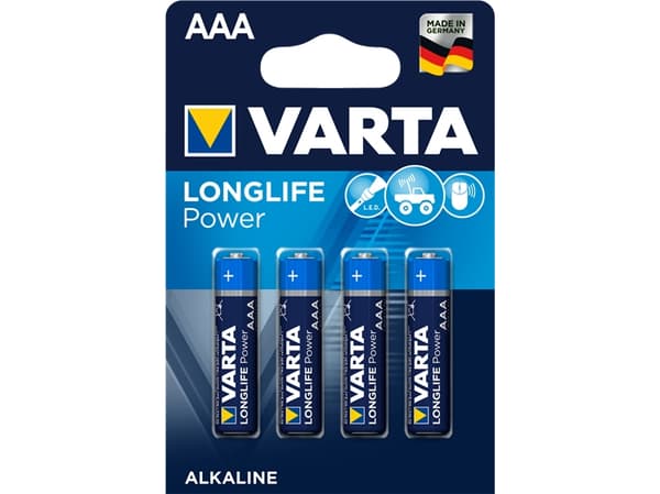 Varta Longlife Power AAA, Engangsbatteri, AAA, Alkalinsk, 1,5 V, 4 stykker, Blå, Flerfarget