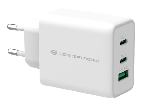 Conceptronic ALTHEA12W 3-Port 65W GaN USB PD Charger - Strömadapter - 65 Watt - 5 A (USB, 2 x USB-C) - vit Vit