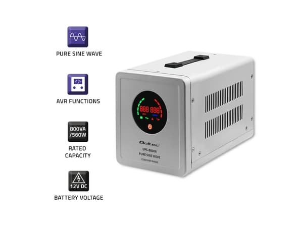 Qoltec Pure Sine Wave - UPS - constant phase, uninterruptible - AC 230 V - 560 watt - 800 VA - utgangskontakter: 2 - grå