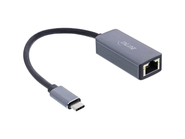 InLine 33380M, USB Type-C, RJ-45, Hankoppling, Grå, Realtek RTL8156, Hankoppling Grå