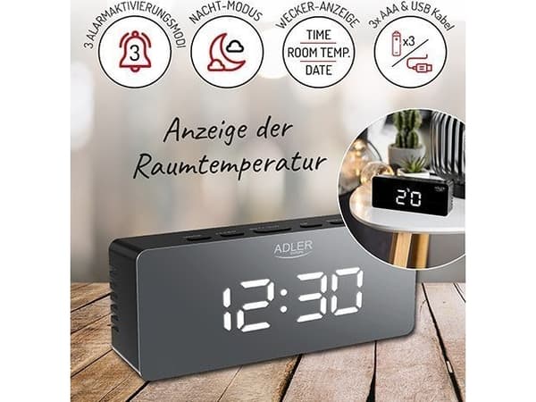 Adler | AD 1189B | Vekkerklokke | W| Svart | Alarmfunksjon