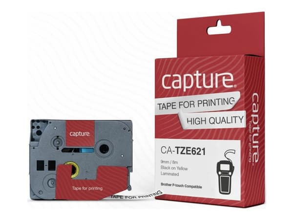 Capture - Nylon - svart på gult - Rull (0,9 cm x 8 m) 1 kassett(er) hengeboks - laminert teip (alternativ for: Brother TZE621)