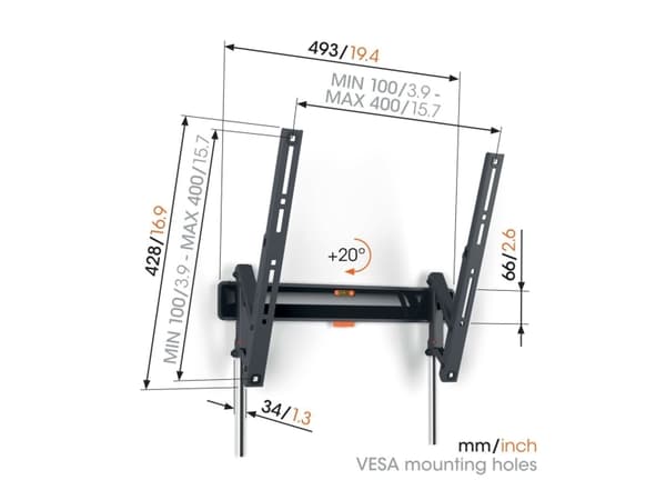 Vogel''s 3834130, 81,3 cm (32"), 165,1 cm (65"), 100 x 100 mm, 400 x 400 mm, 0 - 20°, lajittelu