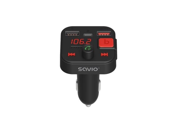 Savio TR-15 Transmiter FM z Bluetooth, Analog och digital, FM, 87,6 - 107,9 MHz, Bluetooth/USB, Ljudströmning, Cigarr tändare