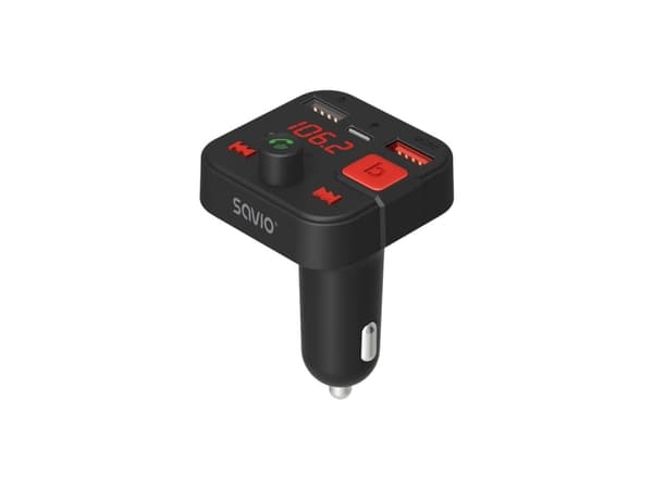 Savio TR-15 Transmiter FM z Bluetooth, Analog och digital, FM, 87,6 - 107,9 MHz, Bluetooth/USB, Ljudströmning, Cigarr tändare