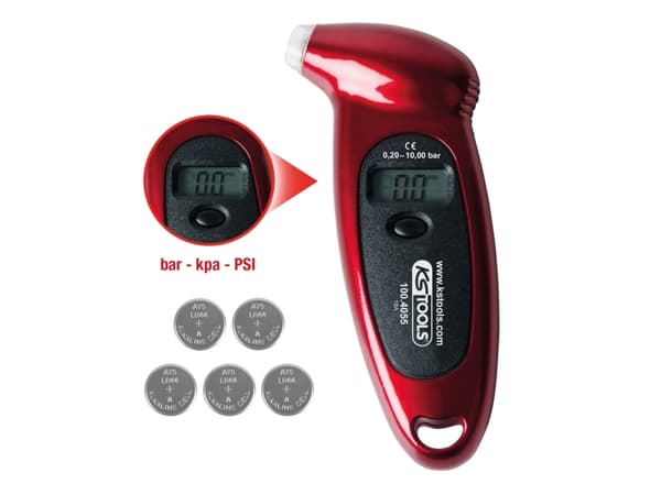 KS Tools 100.4055, Digitaalinen painemittari, 0,2 - 10 bar, Perusmalli, kPa, psi, Punainen, Painamalla, LCD