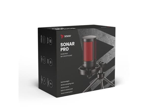 Savio wired gaming microphone with backlight tripod USB SONAR PRO, Mikrofon till spelkonsol, Kabel, 3,5 mm (1/8 tum), Svart, Röd, USB