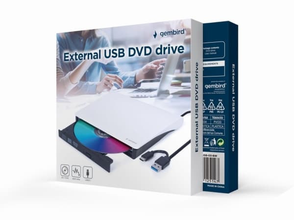 Gembird DVD-USB-03-BW, Musta, Valkoinen, Etu, Vaaka, Kiina, DVD±RW, USB Type-C