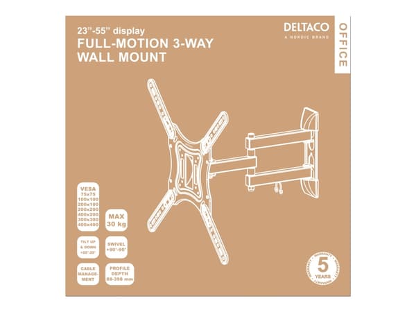 DELTACO Office ARM-0255 - Brakett - full bevegelse - for LCD-skjerm - stål - finteksturert svart - skjermstørrelse: 23"-55" - veggmonterbar