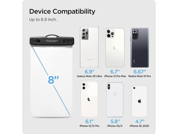 Spigen A601, Vattensportaktivitet, Smartphone, Svart, Transparent, Klickspänne, IPX8