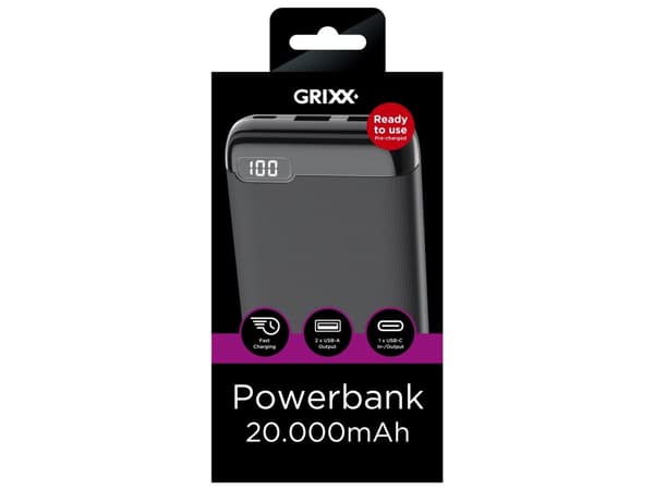 Grixx Powerbank 20.000mAh. Sort
