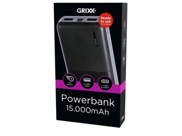 Grixx Powerbank 15000mAh strømforsyning Micro USB og USB-C svart