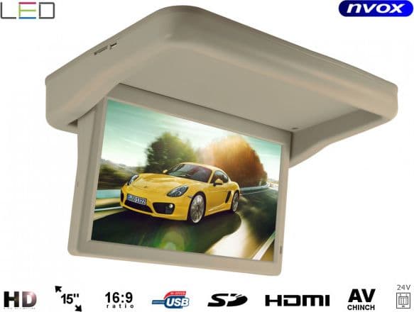 Nvox kattoon asennettava näyttö automaattisesti laskeutuva LED HD 15-tuumainen HDMI USB SD Video-IN 24V.