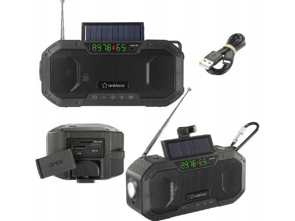 Renkforce RF-CR-300 Outdoorradio FM, AM (1018) Nødradio, Bluetooth, SD genopladelig, Solcellepanel, Håndsving, Lommelygte Sort