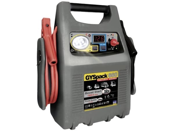GYS hurtigstartsystem Gyspack 660 027862 startstrøm (12 V) = 640 A arbeidslys, spenningsomformer 230 V, omvendt polaritet og elektronikkbeskyttelse (