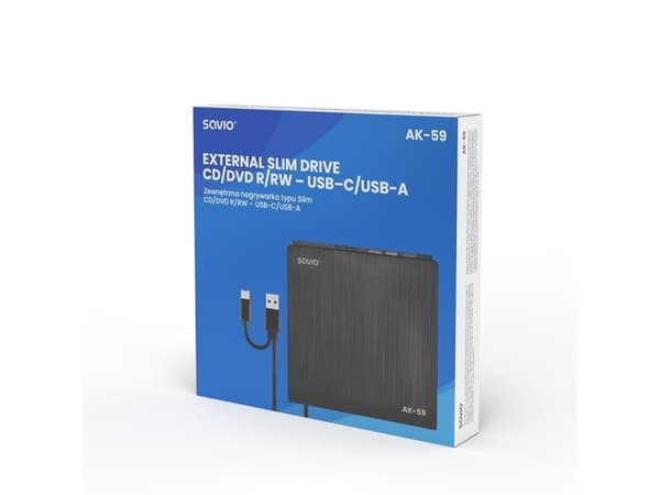 SAVIO AK-59 Ekstern slank CD/DVD-optager R/RW - USB-C/USB-A, lajittelu