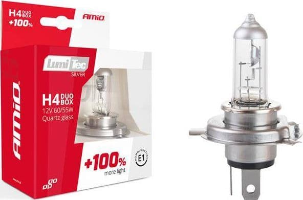 AMiO halogenpærer H4 12V 60/55W LumiTec SØLV +100 % DUO BOX