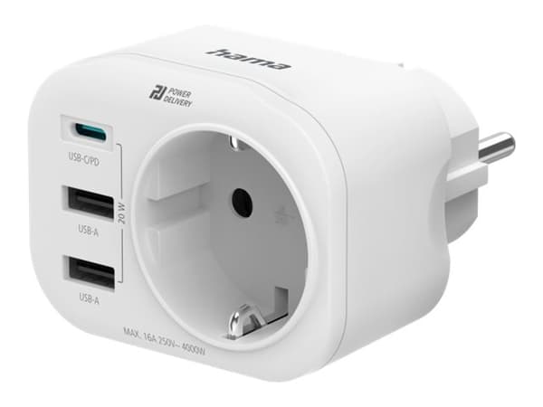 Hama - Strømadapter - multiple plug, 1 usb-c pd, 2 usb-a, protective contact, 20w - 250 V - 4000 watt - utgangskontakter: 4 - hvit