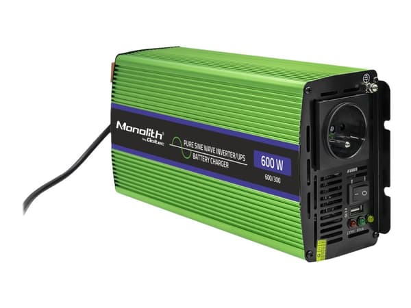 Qoltec Monolith - DC til AC strømomformer / batterilader / UPS - pure sine wave - AC 230 V / DC 12 V - 300 watt - utgangskontakter: 3 Grønn