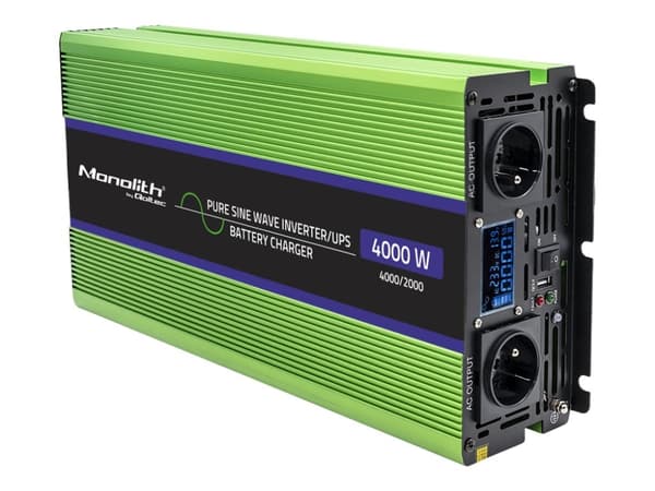 Qoltec Monolith - DC til AC strømomformer / batterilader / UPS - pure sine wave, LCD - AC 230 V / DC 12 V - 2000 watt - utgangskontakter: 4 Grønn