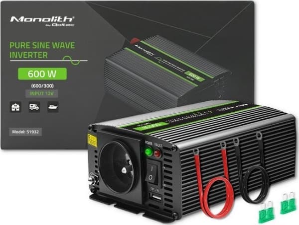 Qoltec Monolith jännitemuunnin | 300W | 600W | 12V - 230V | Pure Sine