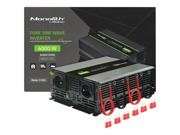 Qoltec Monolith jännitemuunnin | 2000W | 4000W | 12V 230V | Pure Sine | Puhdas sini musta