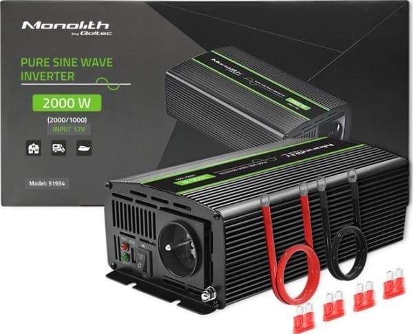 Qoltec Monolith jännitemuunnin | 1000W | 2000W| 12V 230V | Pure Sine | Puhdas Sinus
