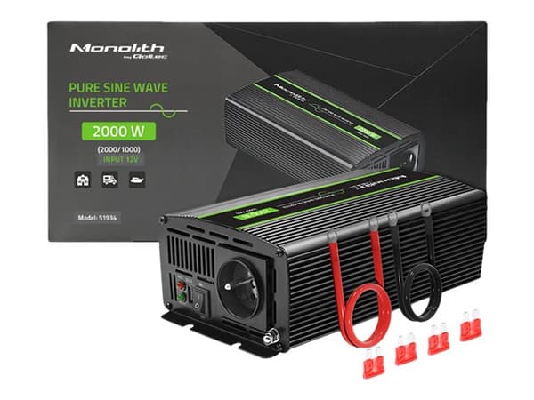 Qoltec Monolith - DC-AC strøminverter - pure sine wave - 12 V - 1000 watt Sort