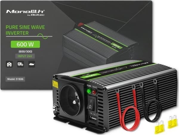 Qoltec Monolith jännitemuunnin | 300W | 600W | 24V 230V | Pure Sine | Puhdas sini