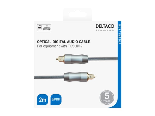 DELTACO - Digital audiokabel (optisk) - SPDIF - TOSLINK hann til TOSLINK hann - 2 m - fiberoptisk - svart, sølv