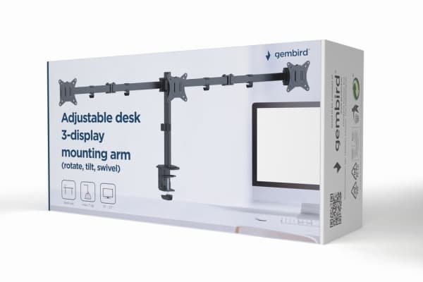 Gembird MA-D3-01 - Monteringssats (2 justerbara armar, bordsfäste) - för 3 monitorer - aluminium, plast, stål - svart av fin textur - skärmstorlek: 1