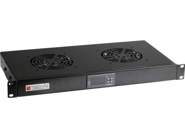 TECHly - Fläktbricka för stativ - med 2 kylfläktar, termostat - svart, RAL 9005 - 1U - 19"