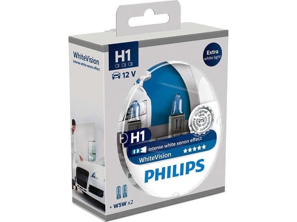 Philips WhiteVision Type lampe: H1 Pakke med: 2+2 pærer til frontlys, 55 W, 12 V, H1, Halogen, 3700 K, 2 stykker