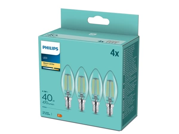 Philips LED Classic Candle - LED-filamentlyspære - form: B35 - klar finish - E14 - 4.3 W (ekvivalent 40 W) - klasse F - varmt hvitt lys - 2700 K - gj