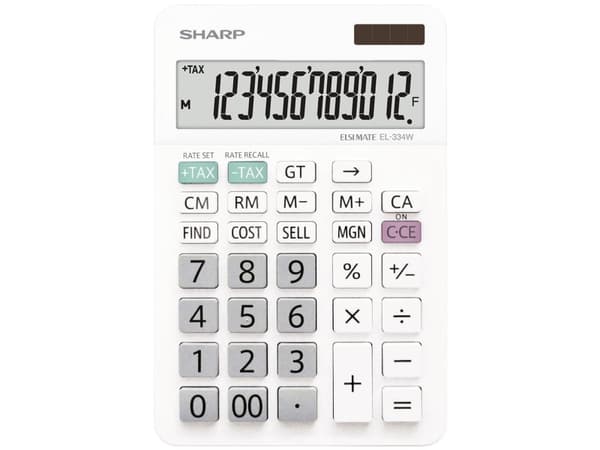 Sharp EL-334W skrivbordsräknare Batteridrivet, solcellsdrivet Vit Display (set): 12