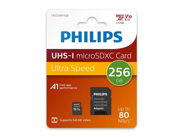 Philips FM25MP45B/00, 256 GB, MicroSDHC, klasse 10, UHS-I, 80 MB/s, 30 MB/s