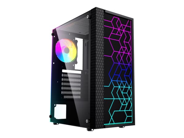 Gembird Fornax 2500 - Mid tower - ATX - genomskinlig sidopanel (glas) - ingen strömförsörjning (ATX) - svart - USB/ljud Svart