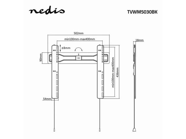Nedis TVWM5030BK, 81,3 cm (32"), 139,7 cm (55"), 100 x 100 mm, 400 x 300 mm, Terästä, Musta