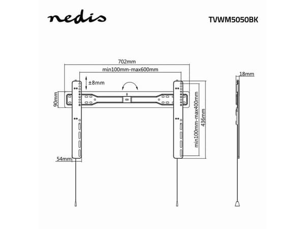 Nedis TVWM5050BK, 94 cm (37"), 177,8 cm (70"), 200 x 200 mm, 600 x 400 mm, Stål, Sort