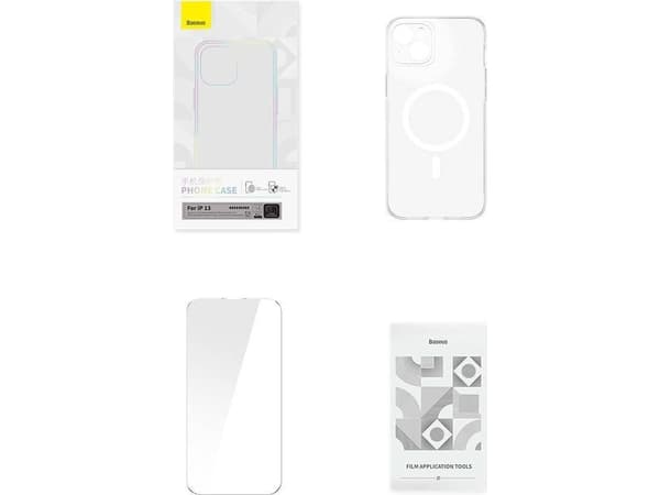 Baseus suojakotelo Baseus Magnetic Crystal Clear iPhone 13 (läpinäkyvä) + karkaistu lasi + puhdistusaine