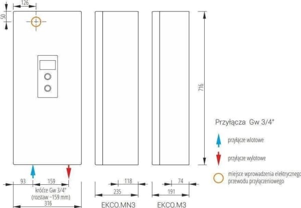 Kospel SÄHKÖLÄMMITYSKESKUSLÄMMITYSKATTILA EKCO.MN3-12/16/20/24KW, JOSSA ON SÄÄHALLINTA JA SIIRTOJÄRJESTELMÄ/400V 3N TAI 230V // OG.K.EKCO.MN3-12/16/2