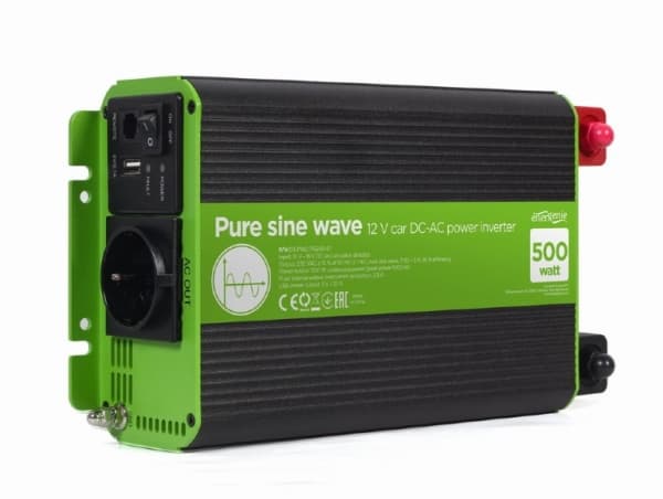 EnerGenie EG-PWC-PS500-01 - DC-AC invertteri - autoteollisuus, puhdas siniaalto - DC 12 V - 500 Watt - lähtöliittimet: 1